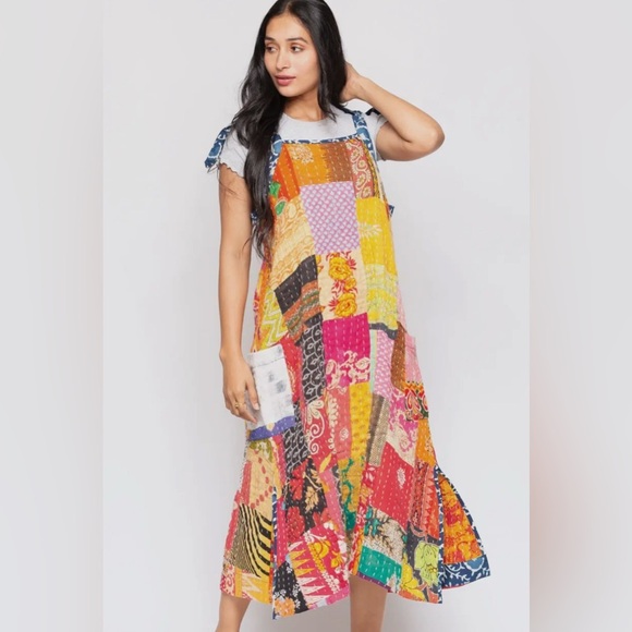 Reversible Kantha Cotton Handmade Vegan ECO Friendly bohemian Patchwork Dress - Picture 2 of 6